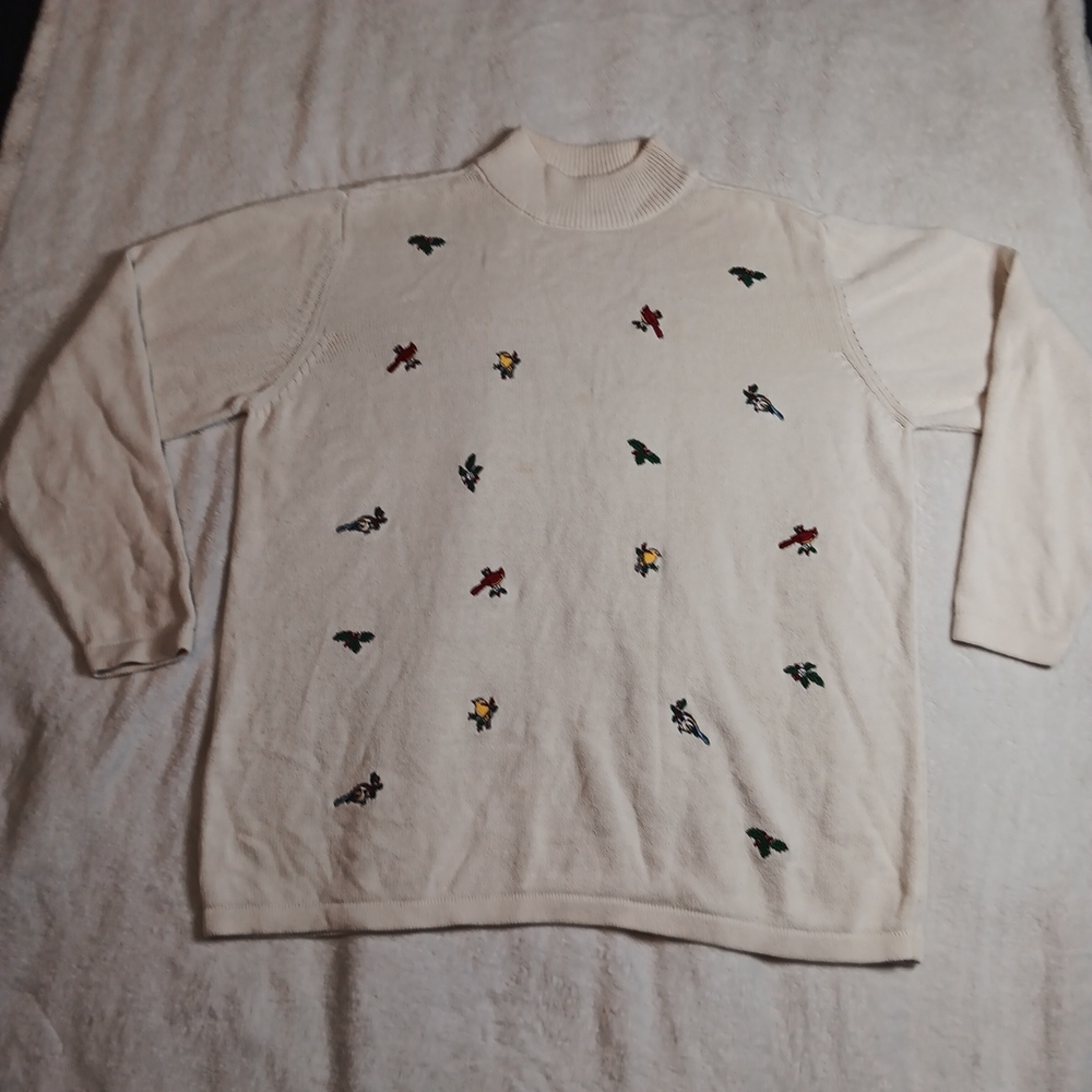 Blair Cream Sweater with Holly Berries And Cardinals Embroidery Grannny Style